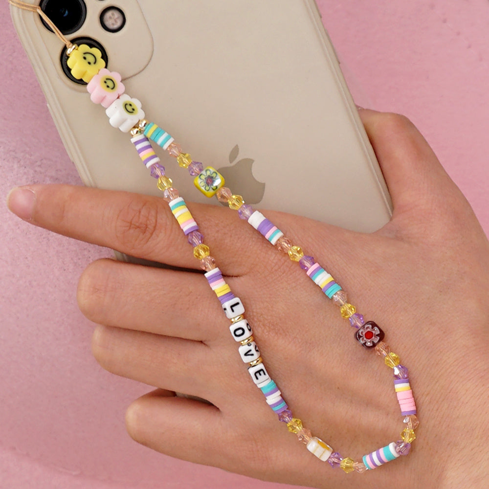 JMT-448970 Handmade Bohemian Soft Ceramic Phone Chain with Crystal and Beads