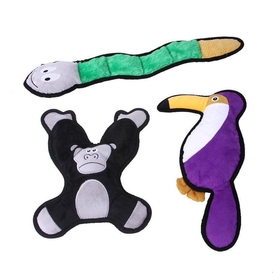 JMT-449610 Pet Plush Bite Resistant Voice Toys - 3-Piece Snake, Parrot, Orangutan Set in Black, Green, and Purple