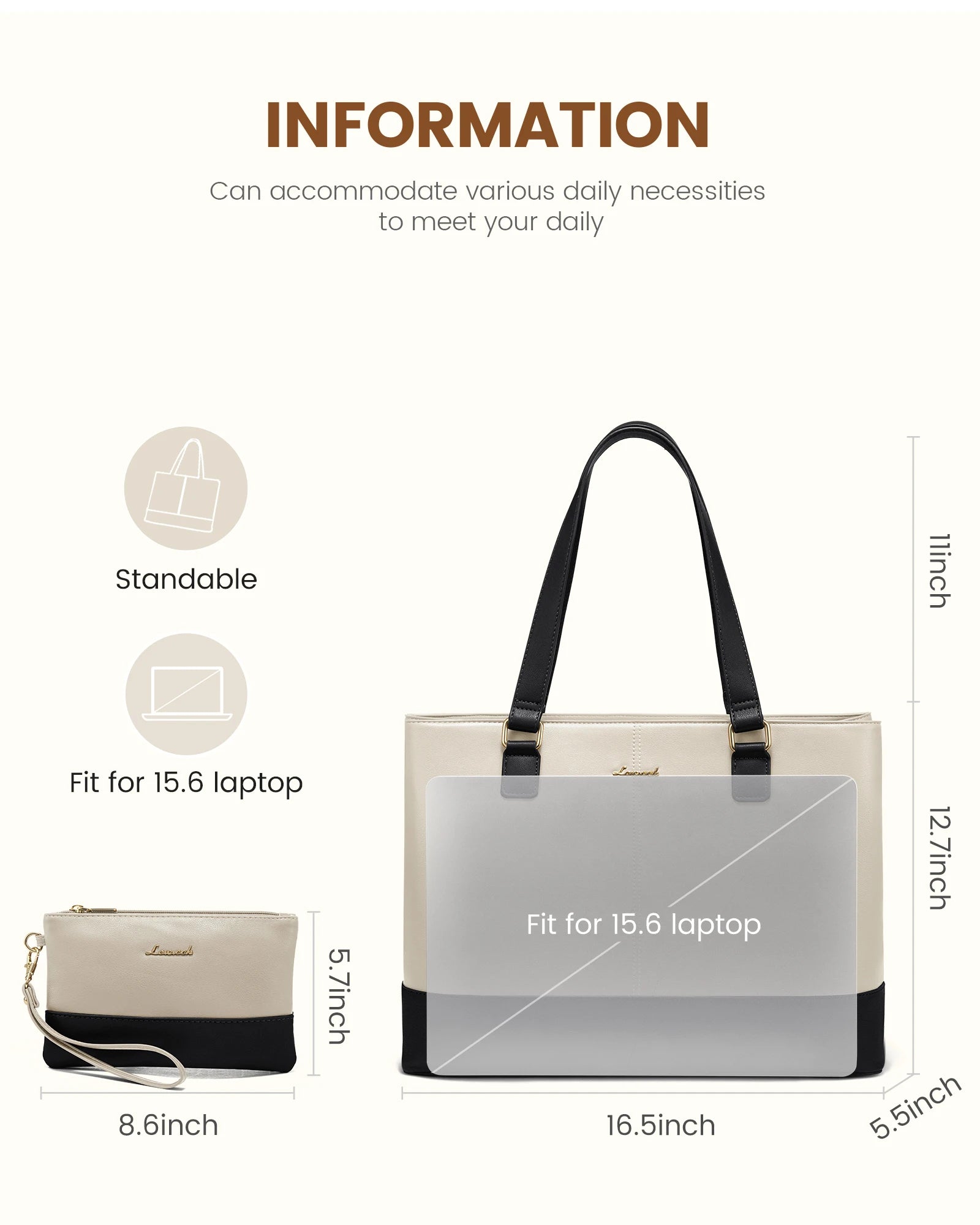 JMT-449610 Professional Waterproof Leather Laptop Tote Bag for Women - 15.6 Inch Briefcase with Clutch for Work
