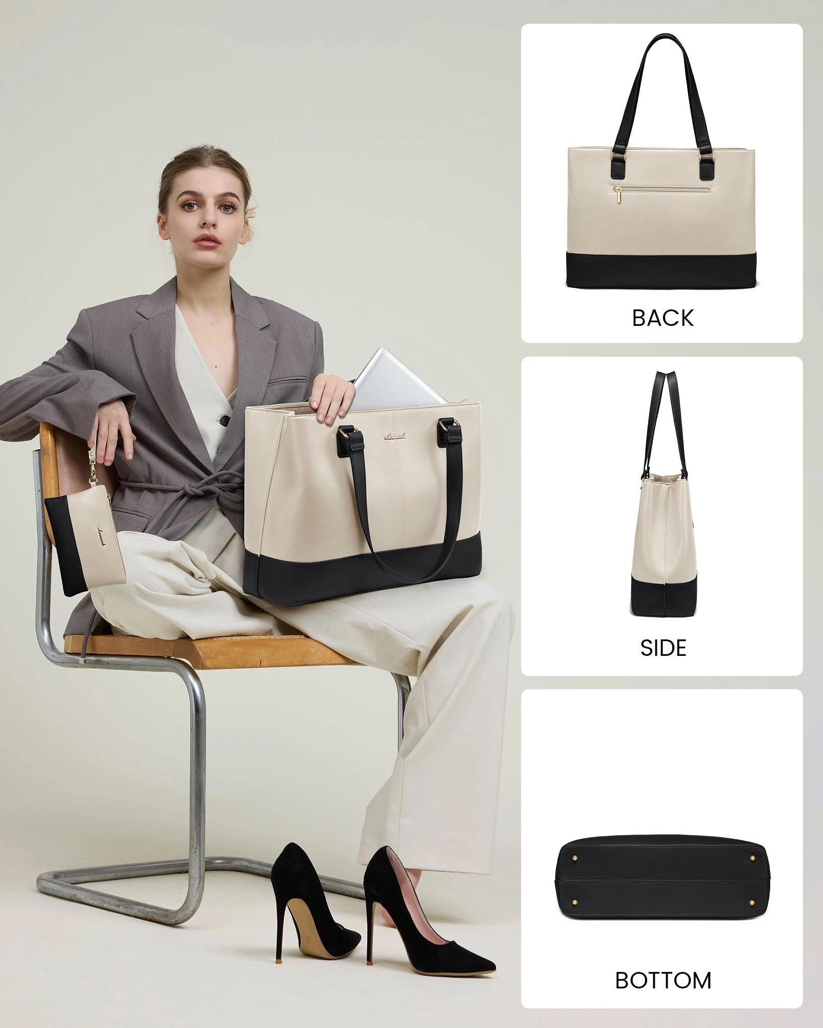 JMT-449610 Professional Waterproof Leather Laptop Tote Bag for Women - 15.6 Inch Briefcase with Clutch for Work
