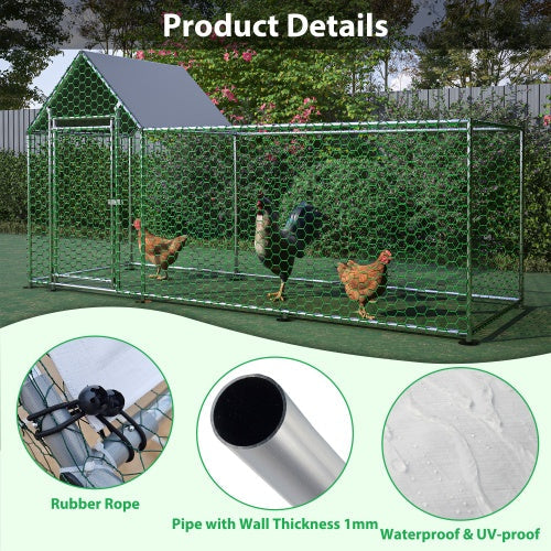 JMT-449802 Metal Chicken Coop 10x3FT Poultry Habitat Cage with Lid, UV Resistant and Waterproof Cover, Lockable Door, Silver Color