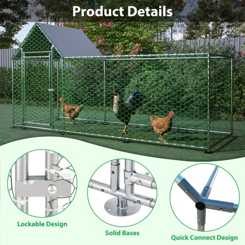JMT-449802 Metal Chicken Coop 10x3FT Poultry Habitat Cage with Lid, UV Resistant and Waterproof Cover, Lockable Door, Silver Color
