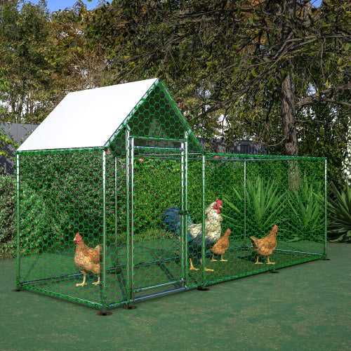 JMT-449802 Metal Chicken Coop 10x3FT Poultry Habitat Cage with Lid, UV Resistant and Waterproof Cover, Lockable Door, Silver Color