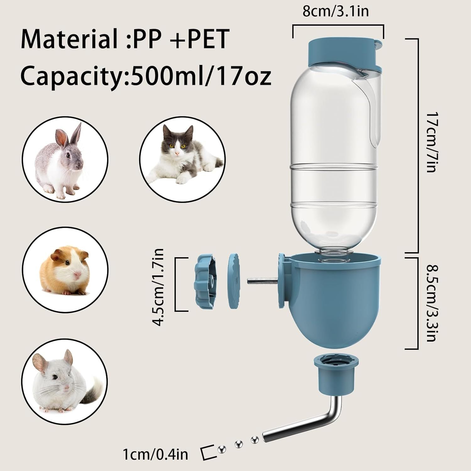 JMT-450762 Pet Water Bottle for Small Animals - 360° Rotatable Nozzle, Easy Refill, Leak-Proof Design for Rabbits, Guinea Pigs, Chinchillas, and More