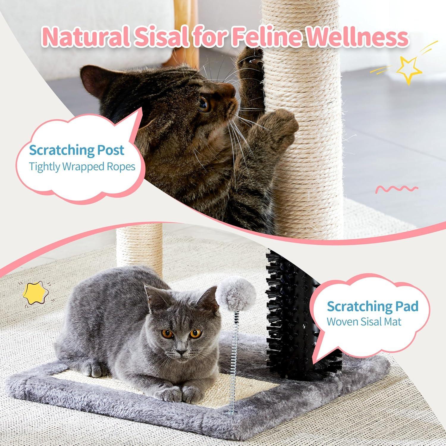 JMT-450954 4-in-1 Cat Tree with Sisal Scratching Posts, Plush Bed, Self-Grooming Brush, and Hanging Toys for Indoor Kittens