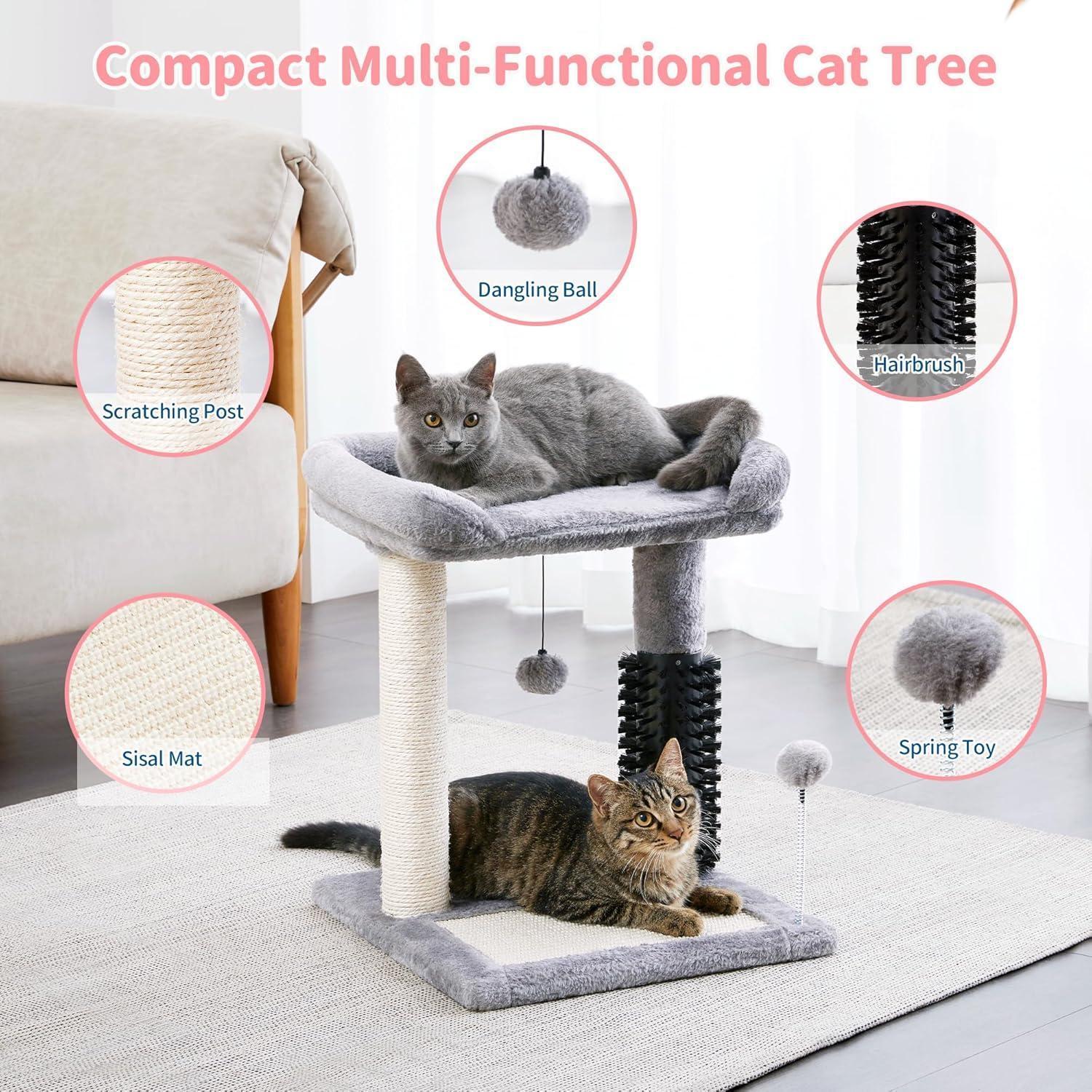 JMT-450954 4-in-1 Cat Tree with Sisal Scratching Posts, Plush Bed, Self-Grooming Brush, and Hanging Toys for Indoor Kittens