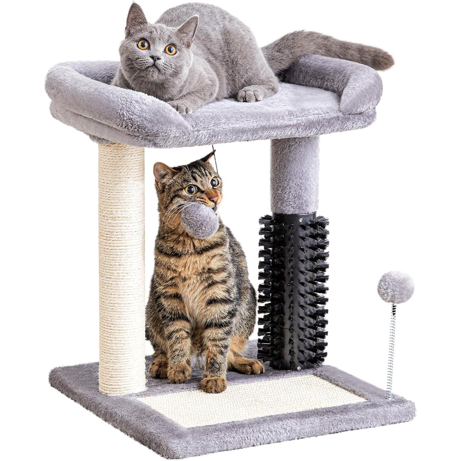 JMT-450954 4-in-1 Cat Tree with Sisal Scratching Posts, Plush Bed, Self-Grooming Brush, and Hanging Toys for Indoor Kittens