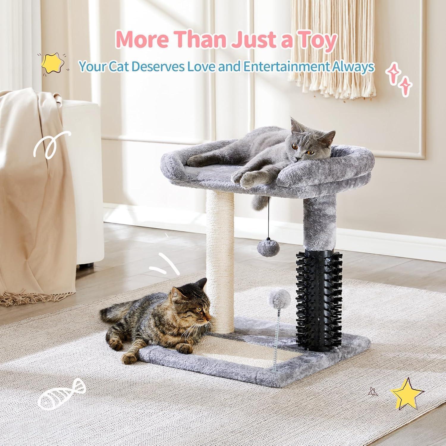JMT-450954 4-in-1 Cat Tree with Sisal Scratching Posts, Plush Bed, Self-Grooming Brush, and Hanging Toys for Indoor Kittens