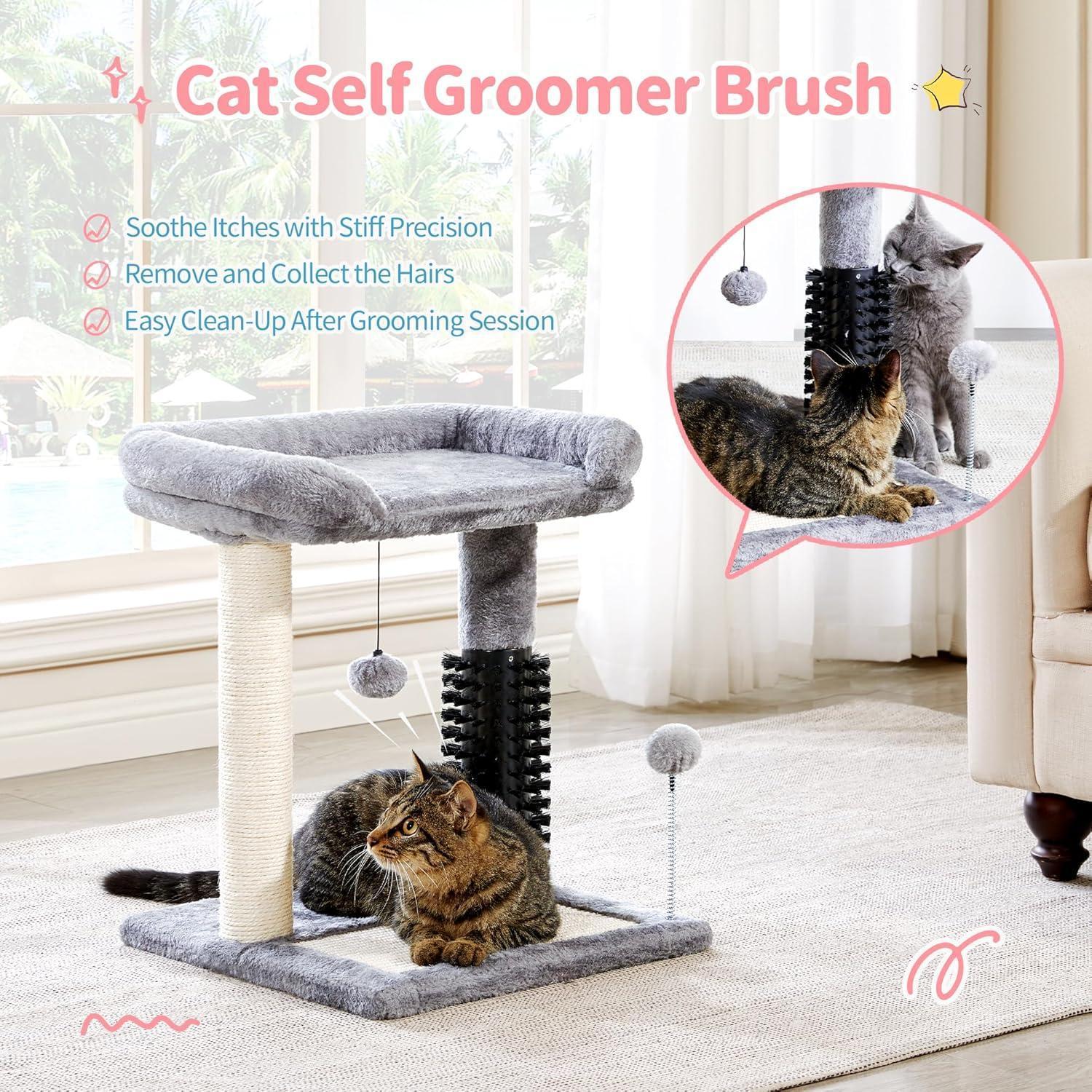 JMT-450954 4-in-1 Cat Tree with Sisal Scratching Posts, Plush Bed, Self-Grooming Brush, and Hanging Toys for Indoor Kittens