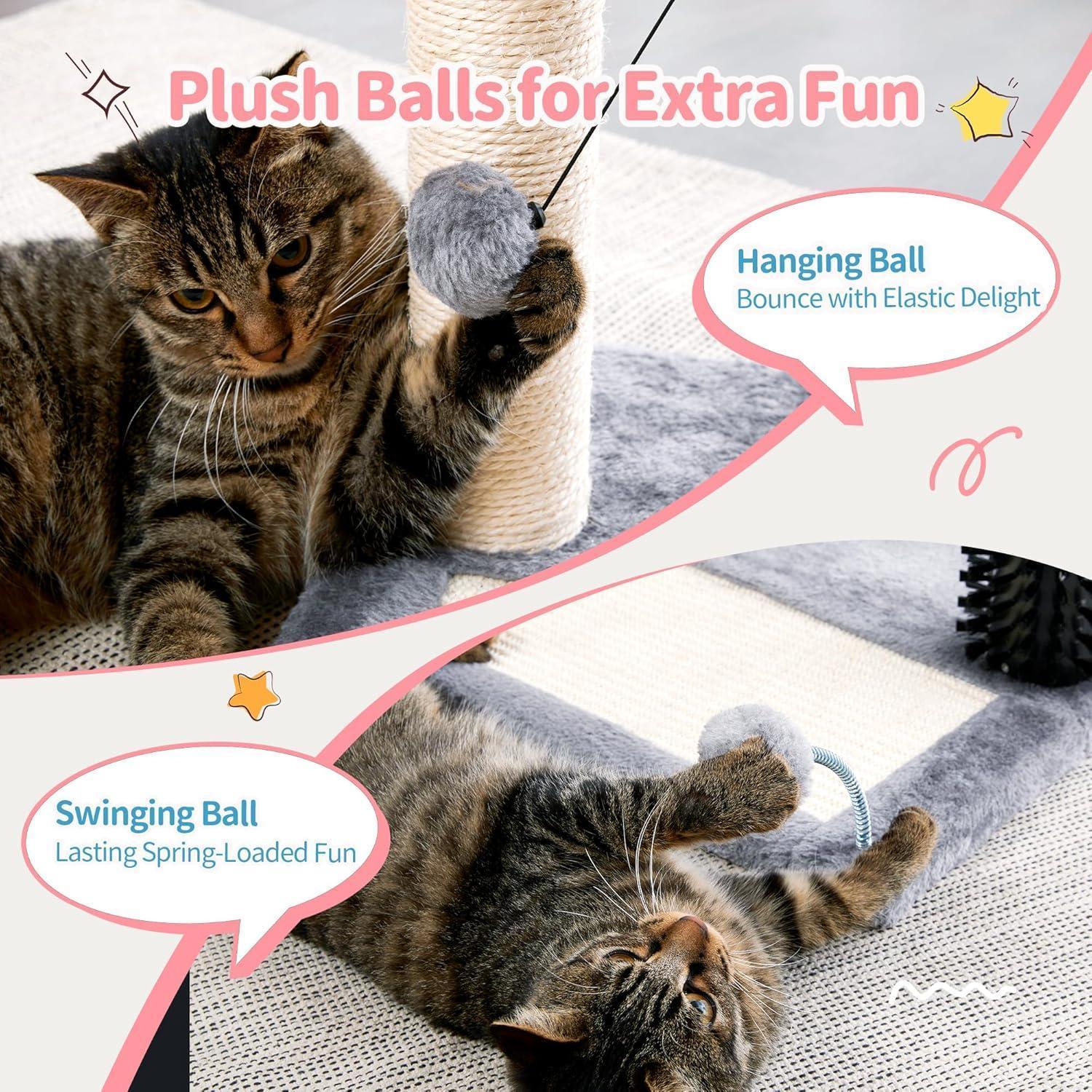 JMT-450954 4-in-1 Cat Tree with Sisal Scratching Posts, Plush Bed, Self-Grooming Brush, and Hanging Toys for Indoor Kittens