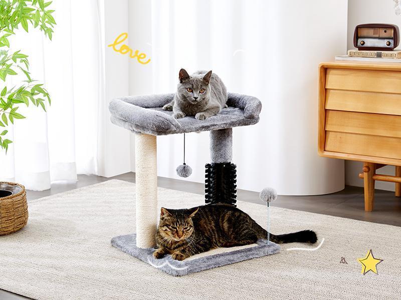 JMT-450954 4-in-1 Cat Tree with Sisal Scratching Posts, Plush Bed, Self-Grooming Brush, and Hanging Toys for Indoor Kittens