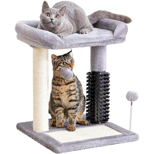 JMT-450954 4-in-1 Cat Tree with Sisal Scratching Posts, Plush Bed, Self-Grooming Brush, and Hanging Toys for Indoor Kittens
