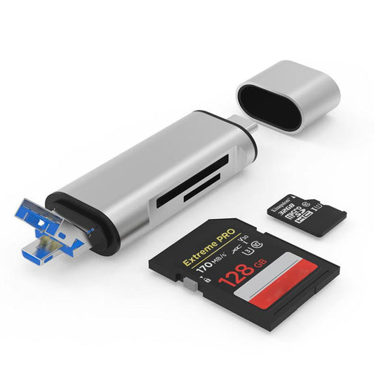 JMT-451722 3-in-1 Portable USB Card Reader with USB-A, Micro USB, and Type-C Ports for TF/SD Cards
