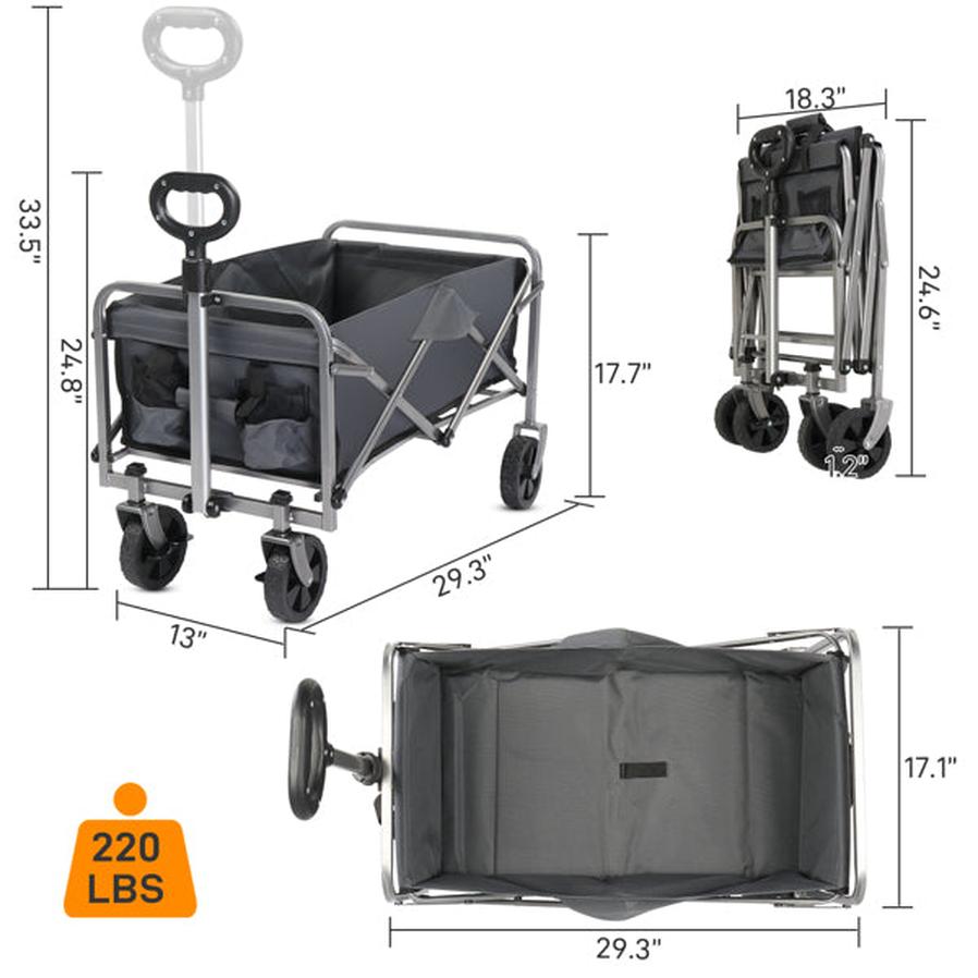 JMT-451978 Compact Garden Folding Cart with Grey Cloth and Silver Frame, 600D Oxford Fabric, Steel Frame, Flat Fold, 220lbs Capacity