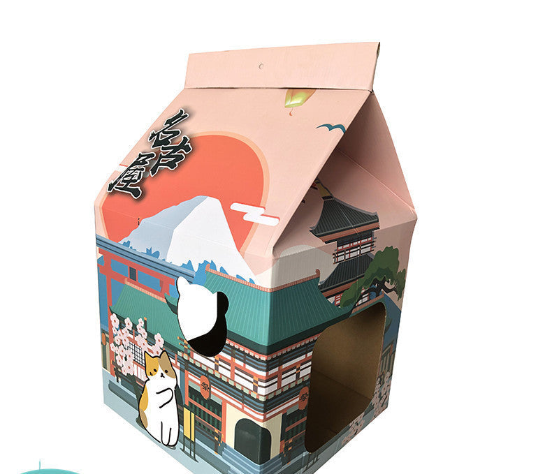 JMT-452106 Foldable Japanese Milk Nest with Corrugated Paper Design for Cats - Includes Various Scratch Board Options