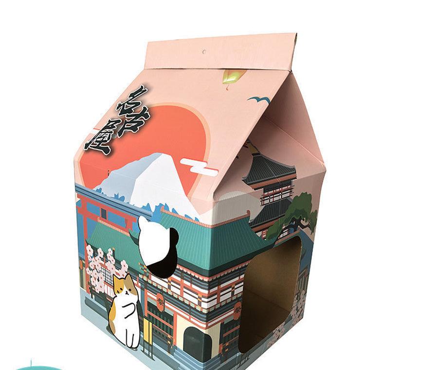 JMT-452106 Foldable Japanese Milk Nest with Corrugated Paper Design for Cats - Includes Various Scratch Board Options