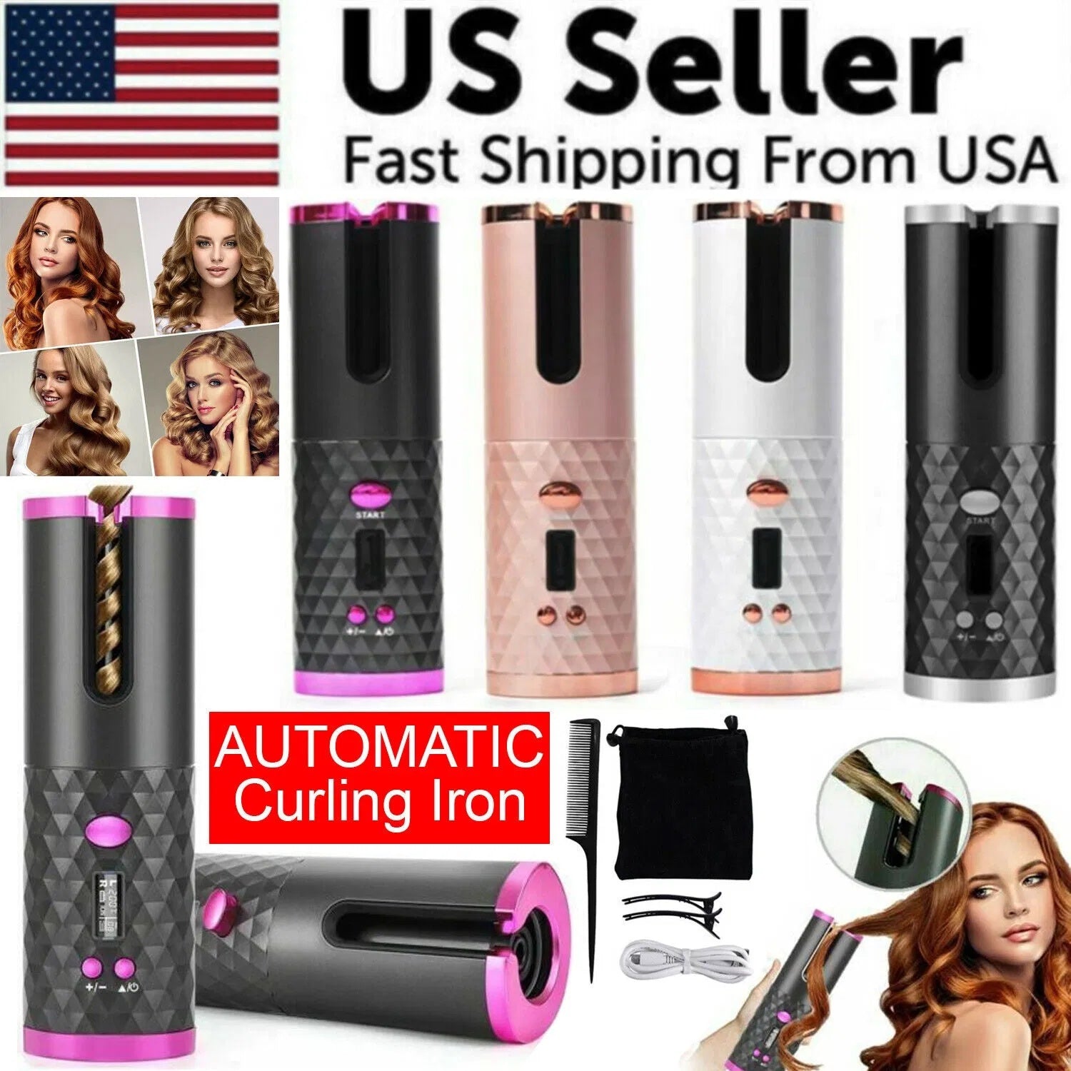 JMT-453386 Cordless Auto Rotating Curling Iron with LCD Display and Ceramic Technology for Effortless Waves
