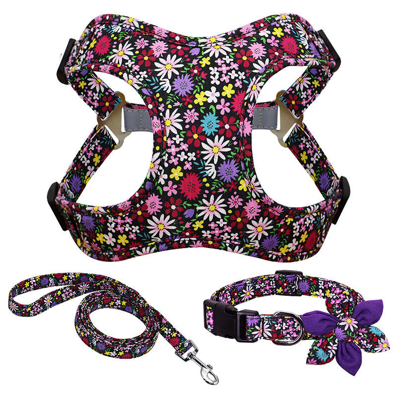 JMT-454026 Dog Traction Rope Vest Collar with Chest Strap and Decorative Flowers, Sizes S/M/L