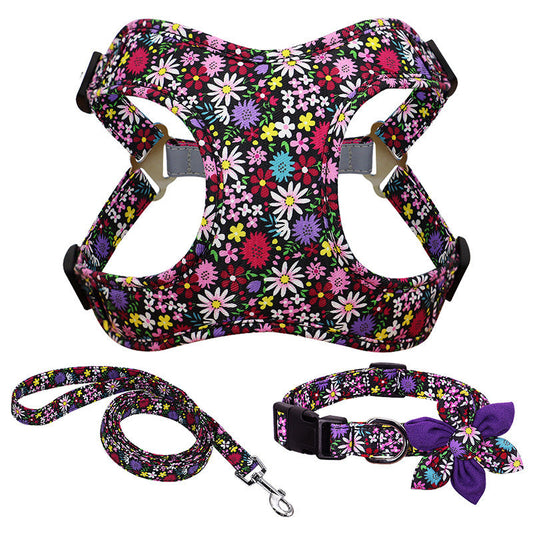 JMT-454026 Dog Traction Rope Vest Collar with Chest Strap and Decorative Flowers, Sizes S/M/L
