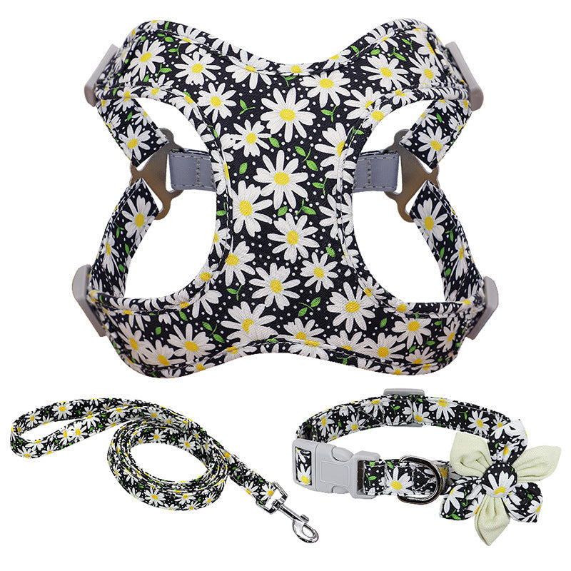 JMT-454026 Dog Traction Rope Vest Collar with Chest Strap and Decorative Flowers, Sizes S/M/L