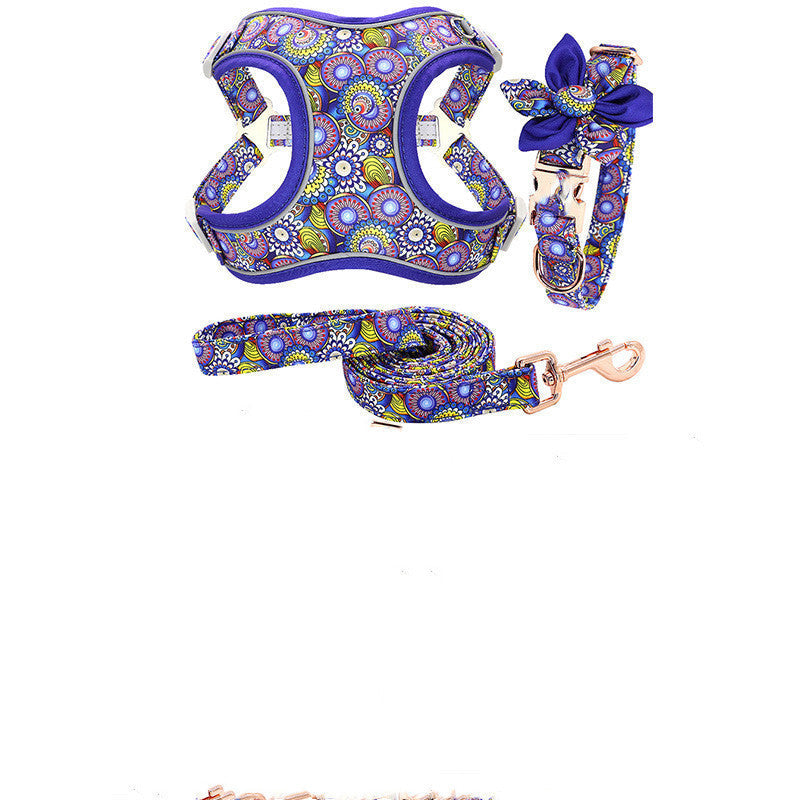 JMT-454026 Dog Traction Rope Vest Collar with Chest Strap and Decorative Flowers, Sizes S/M/L