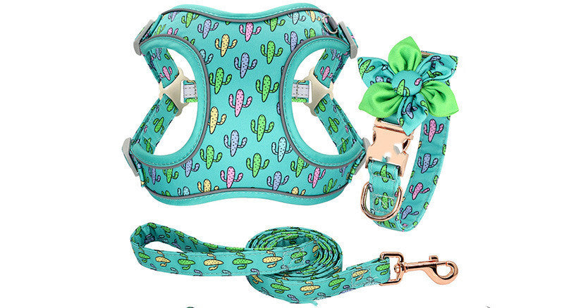 JMT-454026 Dog Traction Rope Vest Collar with Chest Strap and Decorative Flowers, Sizes S/M/L