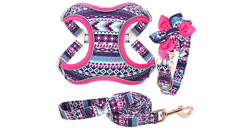 JMT-454026 Dog Traction Rope Vest Collar with Chest Strap and Decorative Flowers, Sizes S/M/L