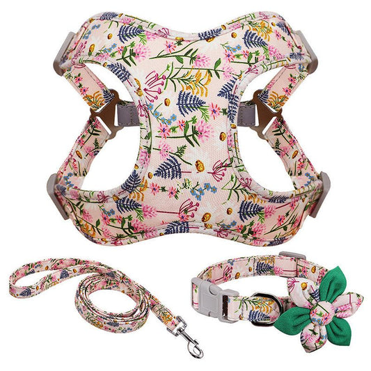 JMT-454026 Dog Traction Rope Vest Collar with Chest Strap and Decorative Flowers, Sizes S/M/L
