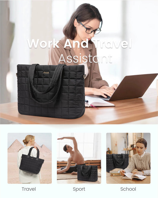 JMT-454218 Quilted Puffer Tote Bag for Women - 17 Inch Business Laptop Bag with Large Capacity for Work, Travel, and Gym