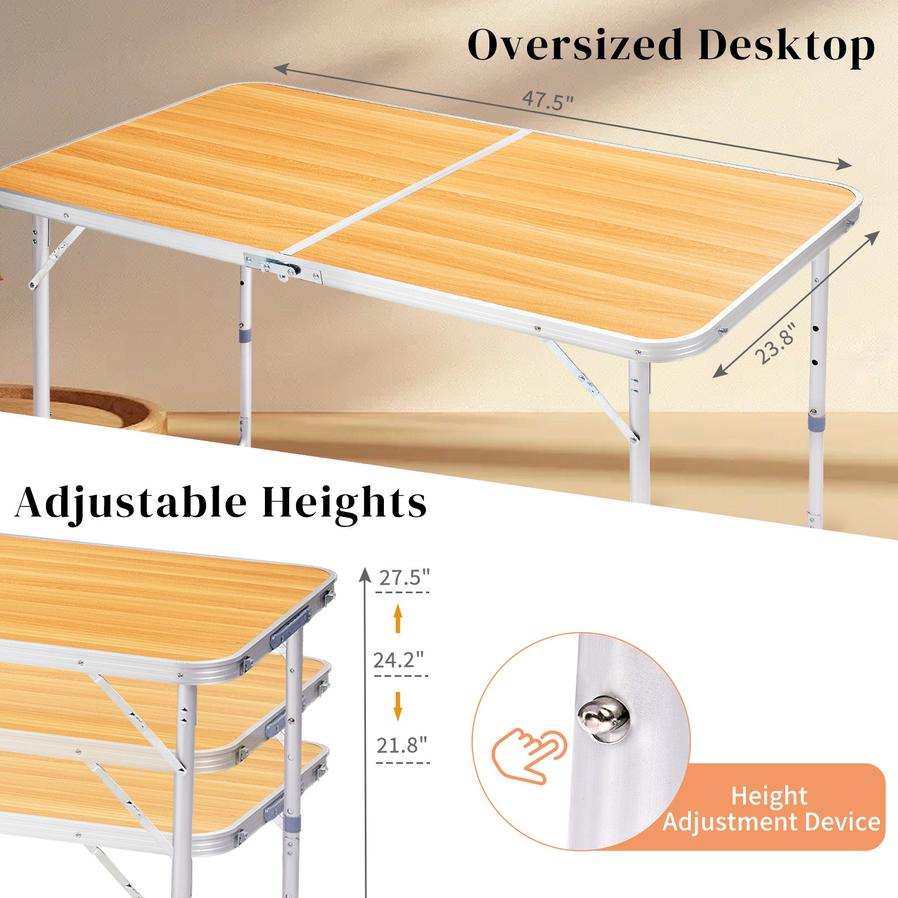 JMT-454282 Portable 4ft Wood Grain Folding Table with Aluminum Alloy Frame, Supports Up to 50kg
