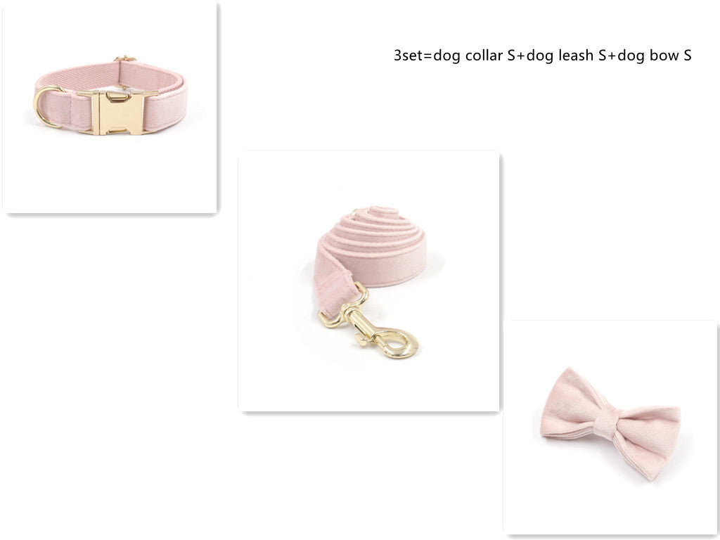 JMT-455882 Pink Velvet Dog Collar with Gold Buckle and Matching Leash