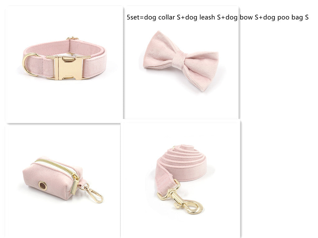 JMT-455882 Pink Velvet Dog Collar with Gold Buckle and Matching Leash