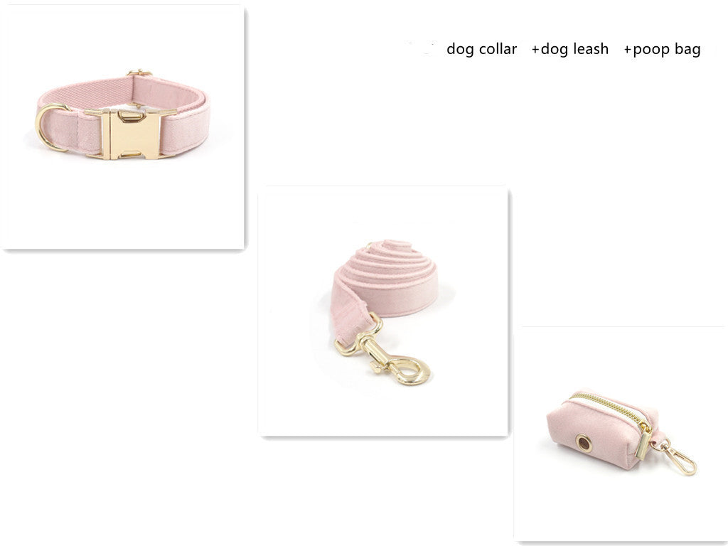 JMT-455882 Pink Velvet Dog Collar with Gold Buckle and Matching Leash