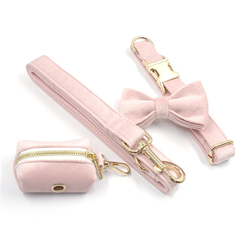 JMT-455882 Pink Velvet Dog Collar with Gold Buckle and Matching Leash