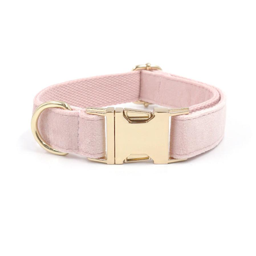 JMT-455882 Pink Velvet Dog Collar with Gold Buckle and Matching Leash