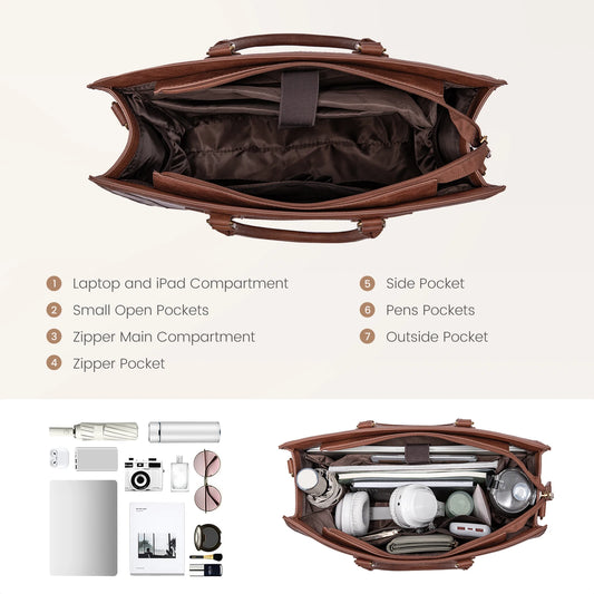JMT-456522 Vintage Leather 15.6 Inch Laptop Tote Bag for Women - Stylish Office Work Handbag and Briefcase