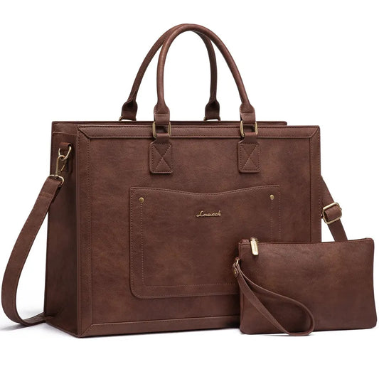 JMT-456522 Vintage Leather 15.6 Inch Laptop Tote Bag for Women - Stylish Office Work Handbag and Briefcase