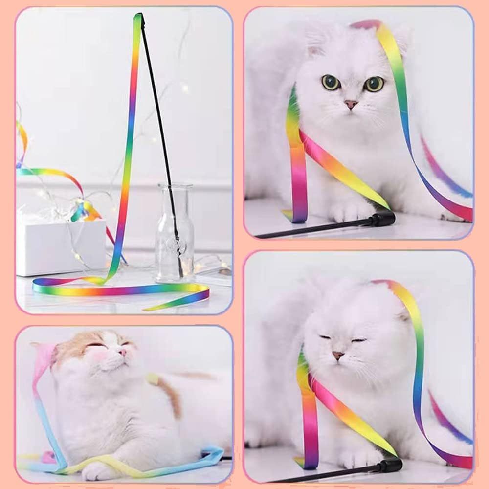 JMT-456842 Colorful Interactive Cat Teaser Wand with Soft Satin Ribbons for Cat Playtime