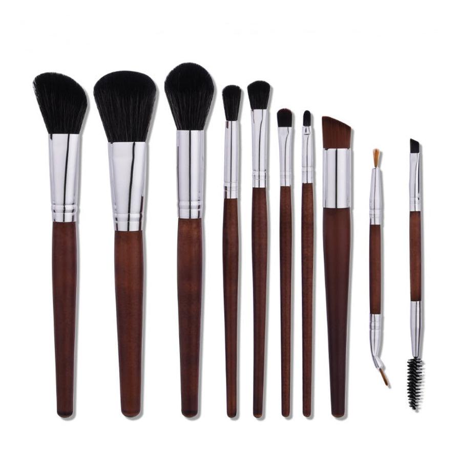 JMT-456970 10-Piece Makeup Brush Set with Aluminum Tubes and Wooden Handles - Nylon Hair for Precise Application