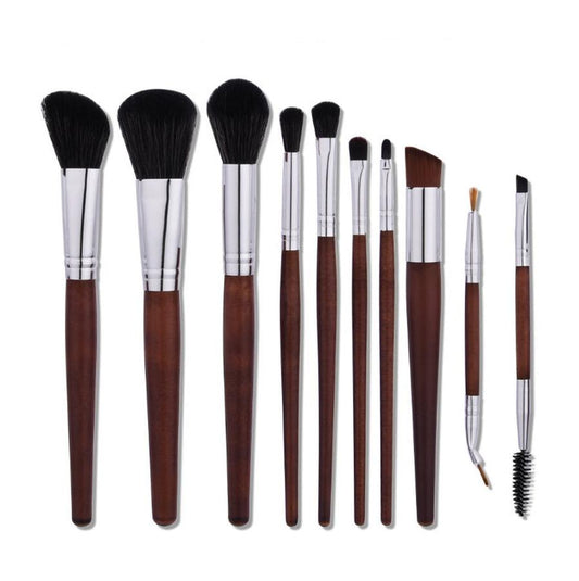 JMT-456970 10-Piece Makeup Brush Set with Aluminum Tubes and Wooden Handles - Nylon Hair for Precise Application