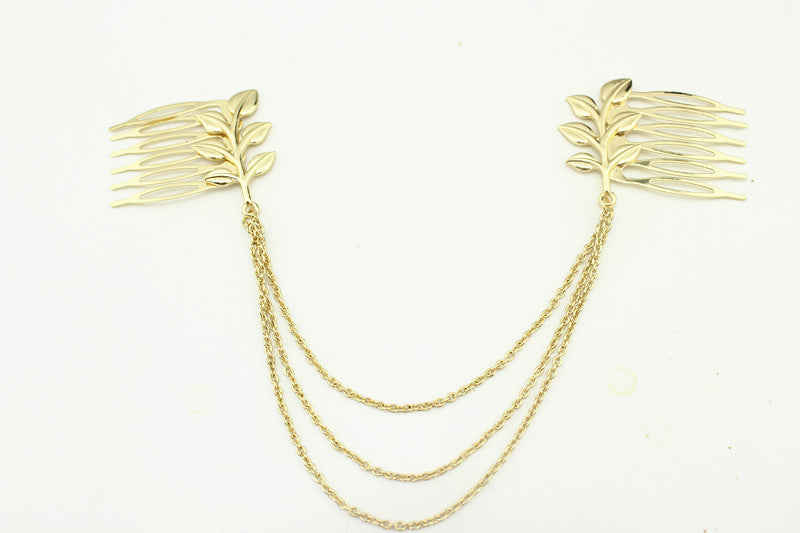 JMT-458826 Leaf Chain Tassel Hair Comb - Alloy Hair Accessory for Women