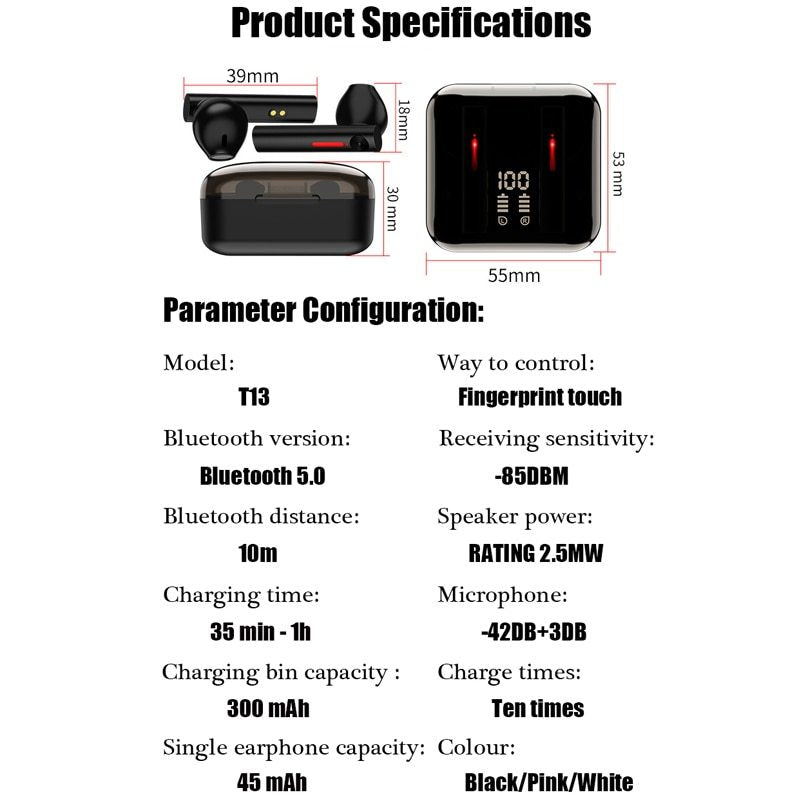JMT-461642 Wireless Bluetooth Earbuds with Dual Connectivity, Call & Voice Control, Battery Display - Available in Black, White, Pink
