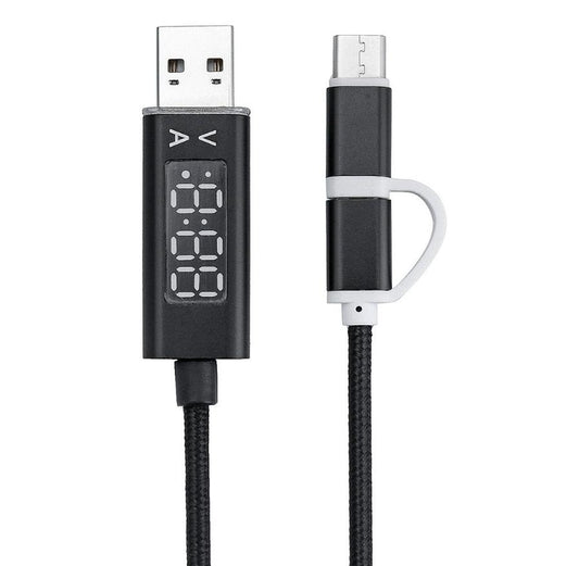 JMT-462986 Nylon Braided 2-in-1 Micro USB & Type-C Charger Cable with Current & Voltage Display