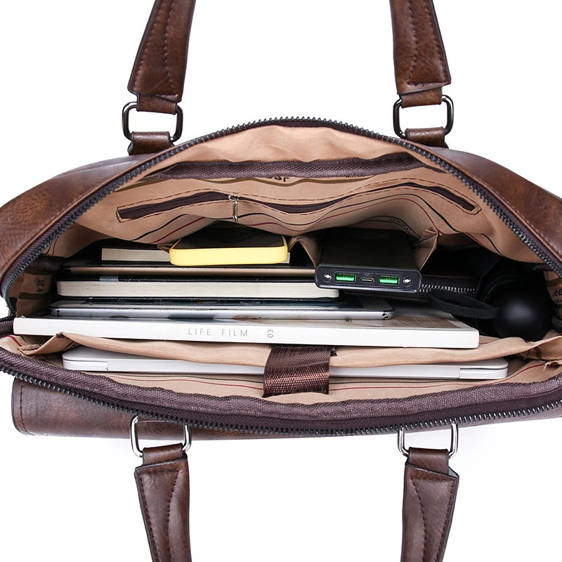 JMT-464266 Leather Laptop Briefcase with Shoulder Strap - Portable Crossbody Messenger Bag