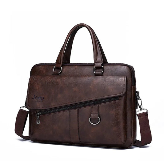JMT-464266 Leather Laptop Briefcase with Shoulder Strap - Portable Crossbody Messenger Bag