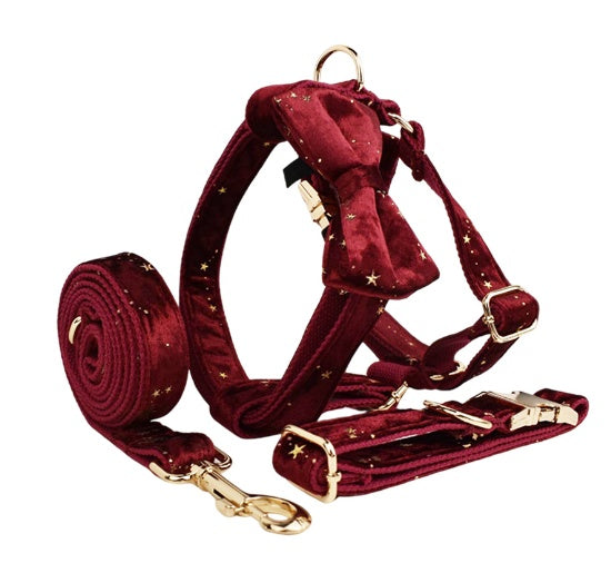 JMT-464778 Velvet Fabric Adjustable Dog Collar with Accessories and Leash