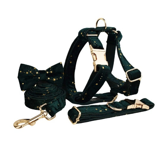 JMT-464778 Velvet Fabric Adjustable Dog Collar with Accessories and Leash