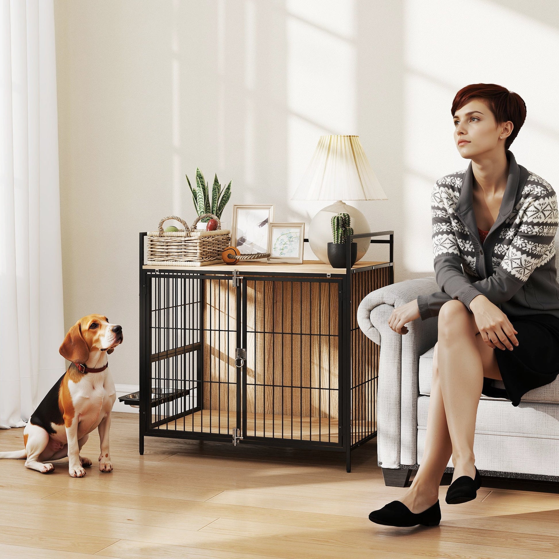 JMT-465610 Indoor Pet Kennel and Side Table with Rotatable Bowl Holder for Medium Dogs - 30 Inch, Oak