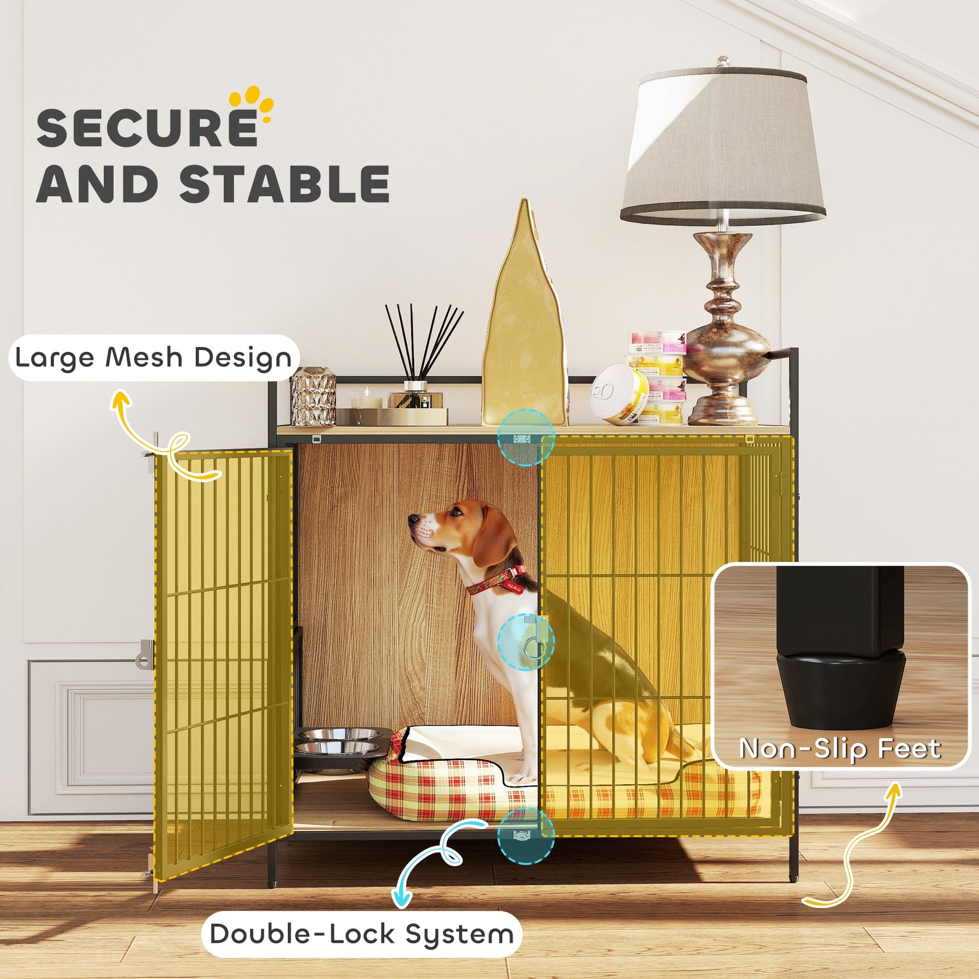 JMT-465610 Indoor Pet Kennel and Side Table with Rotatable Bowl Holder for Medium Dogs - 30 Inch, Oak