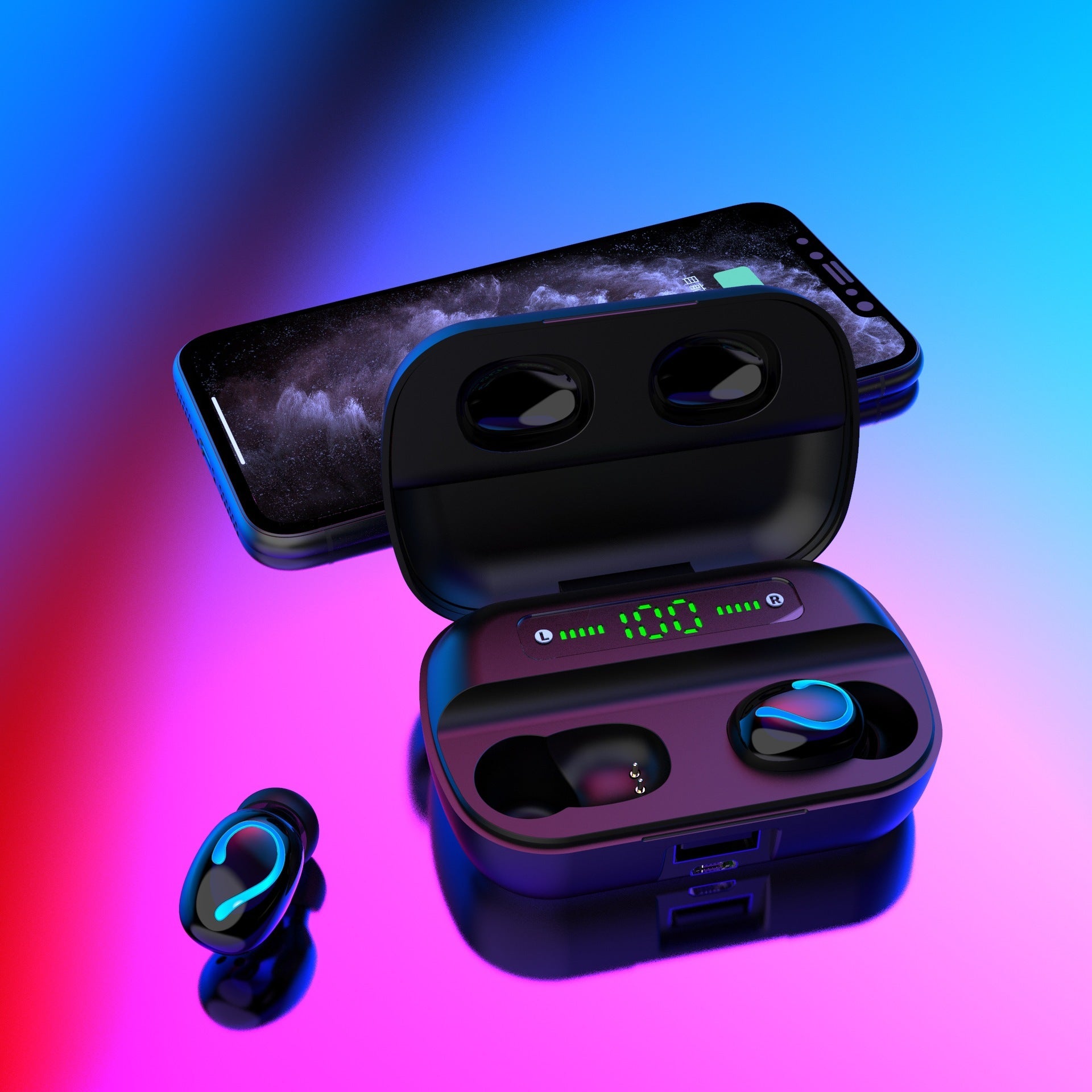 JMT-466890 Intelligent Noise Reduction Wireless Bluetooth Headset with Charging Case and Digital Display